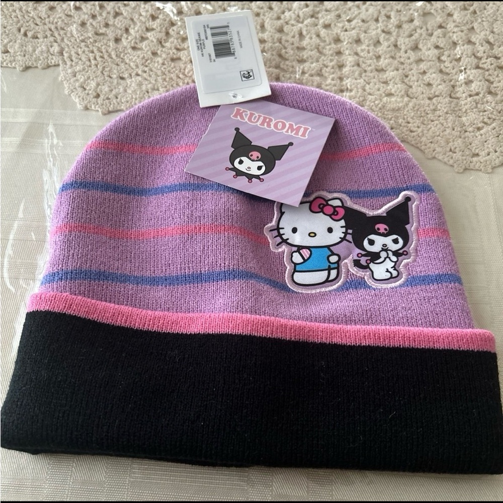 Hello Kitty and Kuromi Striped Beanie - Pink and Black